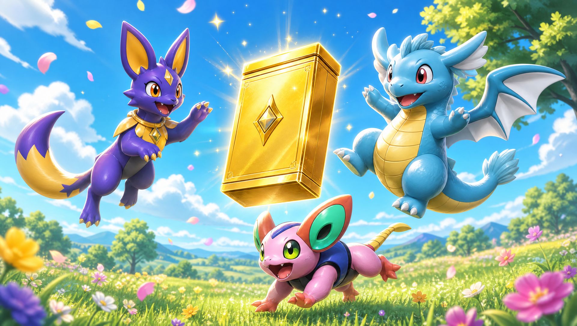 Three Xeras celebrate around the golden XERA Collector Pack